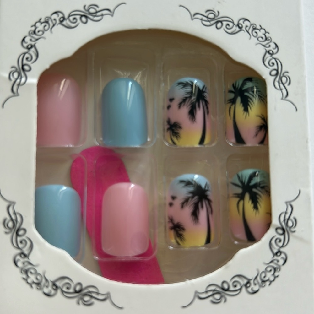 🩷 Press On Nails Sunrise Pastel & Palm Trees